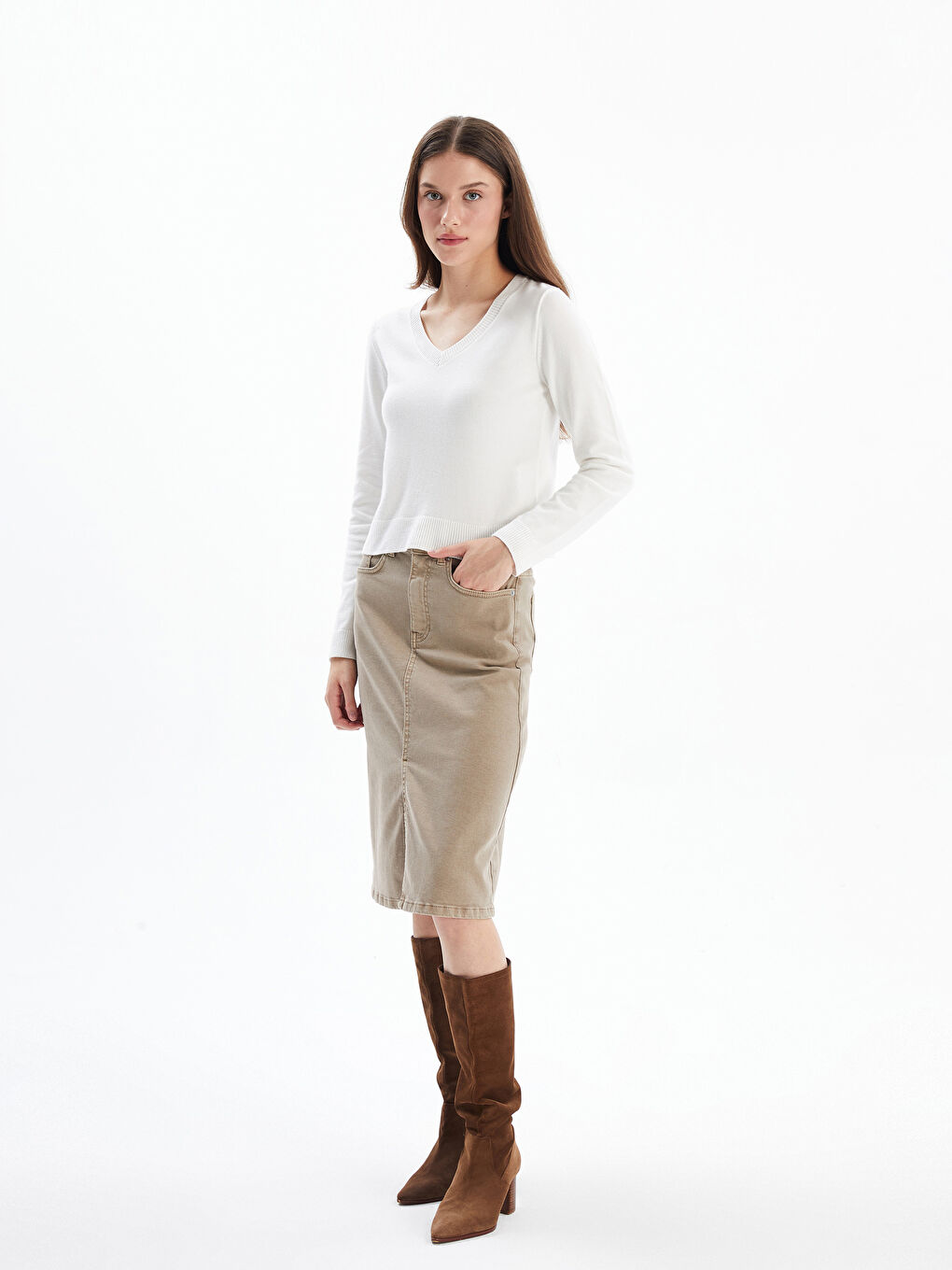 Modra   Düz V Yaka Uzun Kollu Rahat Kalıp Kazak   Beyaz Renk-1