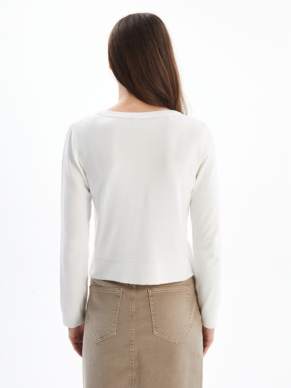 Modra   Düz V Yaka Uzun Kollu Rahat Kalıp Kazak   Beyaz Renk-3