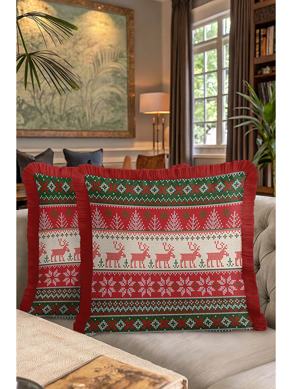 Karışık Nordik Geyikli Saçaklı Yastık Kılıfı-Kış Motifli Retro Kırmızı Yeşil Püsküllü Kırlent Kılıfı-7