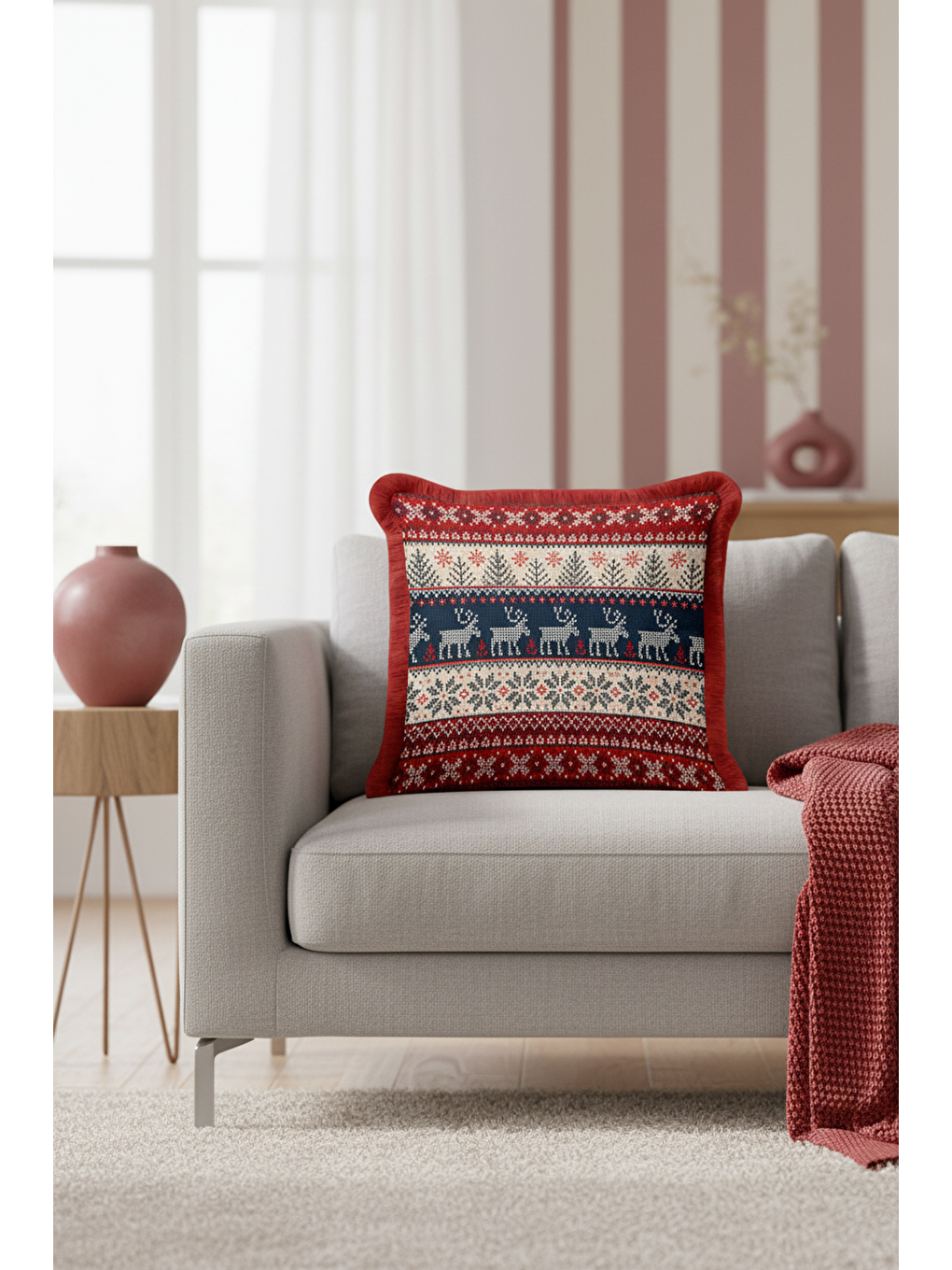 Karışık Nordik Geyikli Saçaklı Yastık Kılıfı - Kış Temalı Rustik Kırmızı Lacivert Püsküllü Kırlent Kılıfı