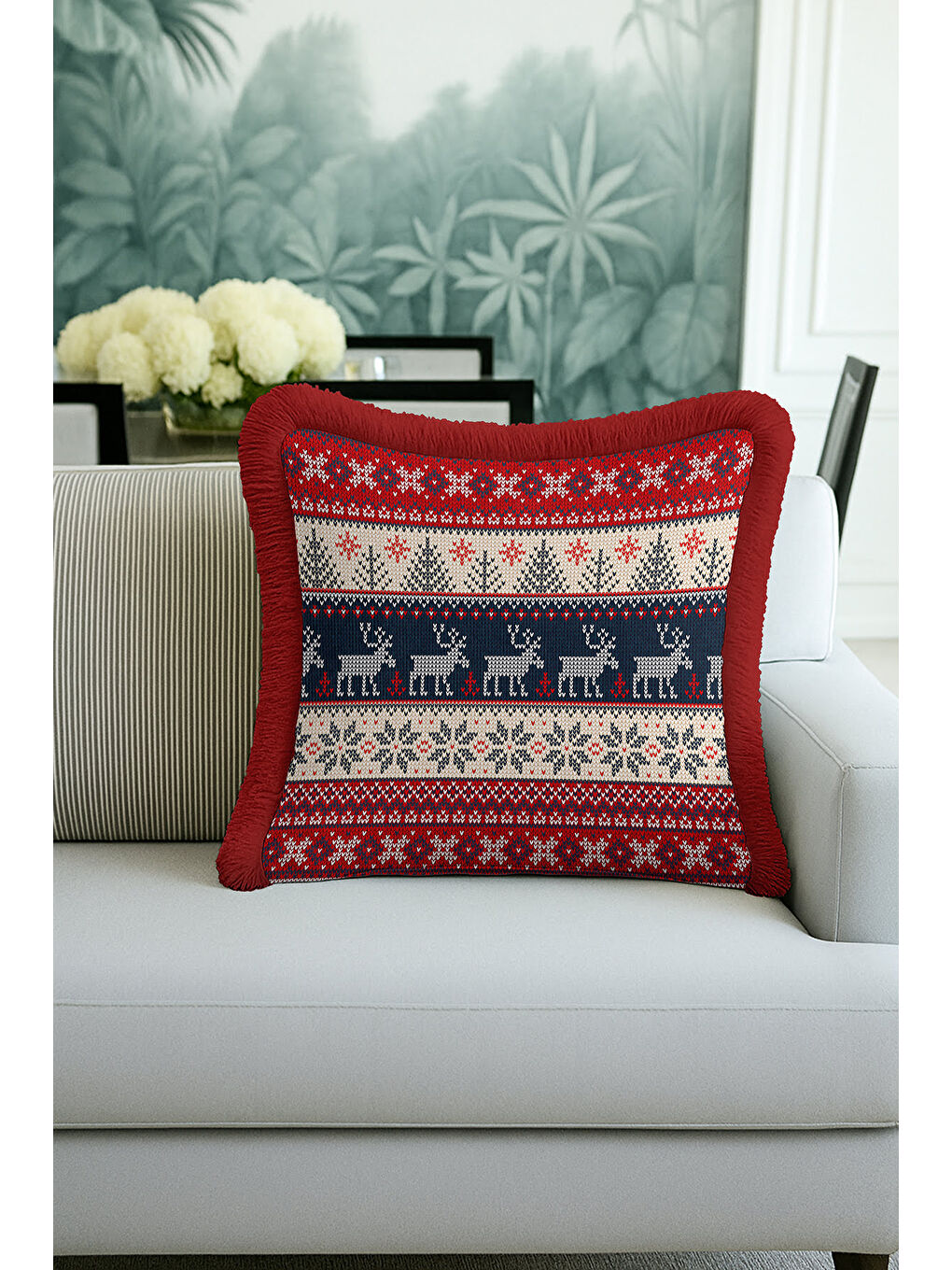 Karışık Nordik Geyikli Saçaklı Yastık Kılıfı - Kış Temalı Rustik Kırmızı Lacivert Püsküllü Kırlent Kılıfı-1