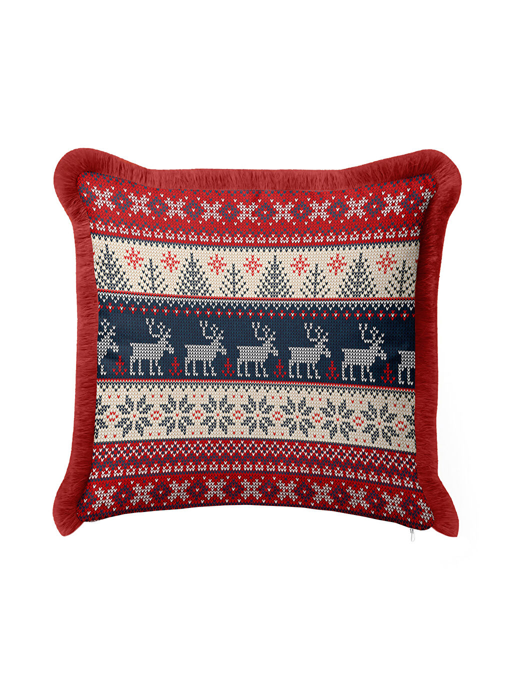 Karışık Nordik Geyikli Saçaklı Yastık Kılıfı - Kış Temalı Rustik Kırmızı Lacivert Püsküllü Kırlent Kılıfı-2