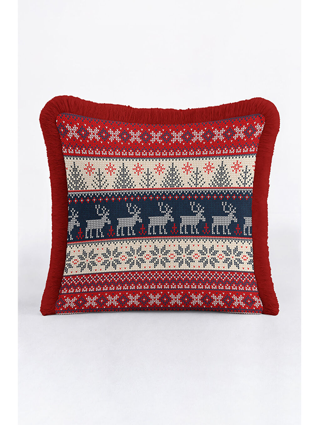 Karışık Nordik Geyikli Saçaklı Yastık Kılıfı - Kış Temalı Rustik Kırmızı Lacivert Püsküllü Kırlent Kılıfı-3