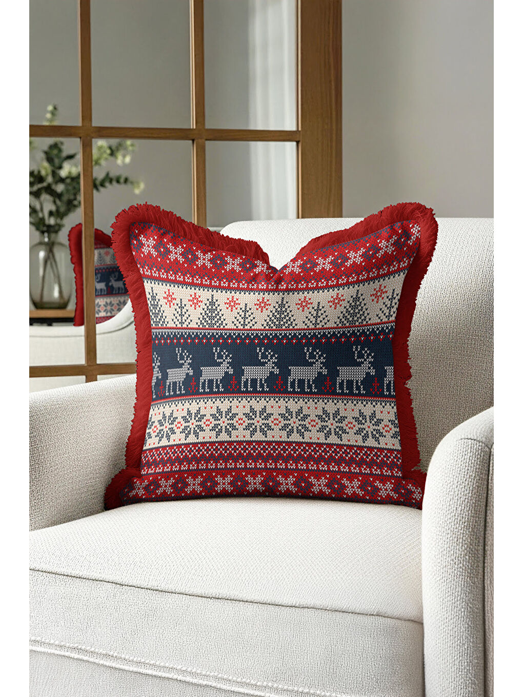 Karışık Nordik Geyikli Saçaklı Yastık Kılıfı - Kış Temalı Rustik Kırmızı Lacivert Püsküllü Kırlent Kılıfı-4