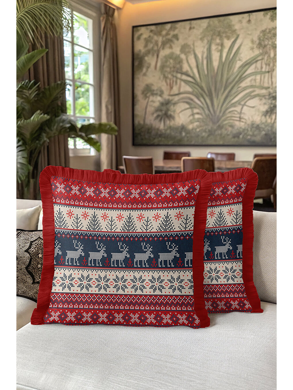 Karışık Nordik Geyikli Saçaklı Yastık Kılıfı - Kış Temalı Rustik Kırmızı Lacivert Püsküllü Kırlent Kılıfı-5