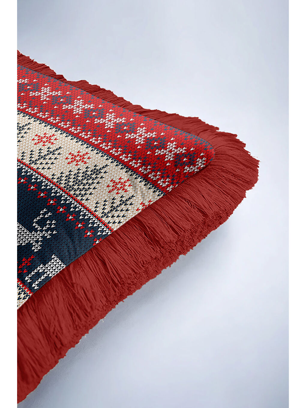 Karışık Nordik Geyikli Saçaklı Yastık Kılıfı - Kış Temalı Rustik Kırmızı Lacivert Püsküllü Kırlent Kılıfı-6