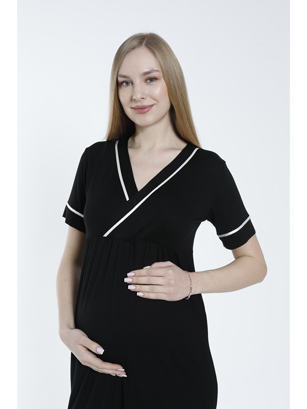 Siyah Sabahlıklı Şerit Detaylı Hamile ve Lohusa Pijama Takımı-2