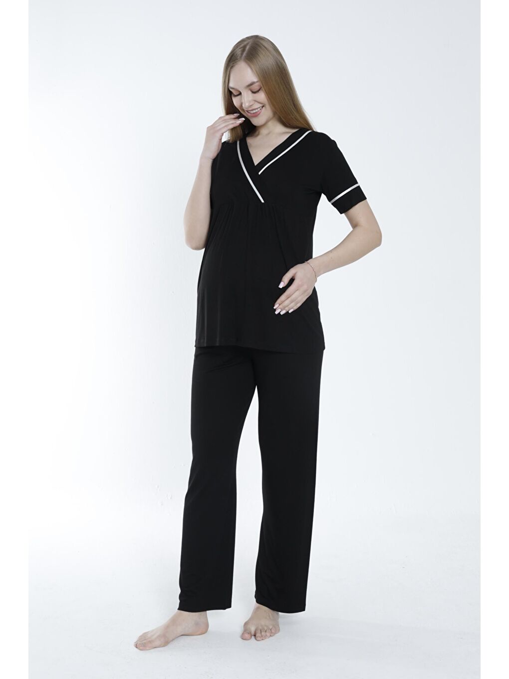 Siyah Sabahlıklı Şerit Detaylı Hamile ve Lohusa Pijama Takımı-4