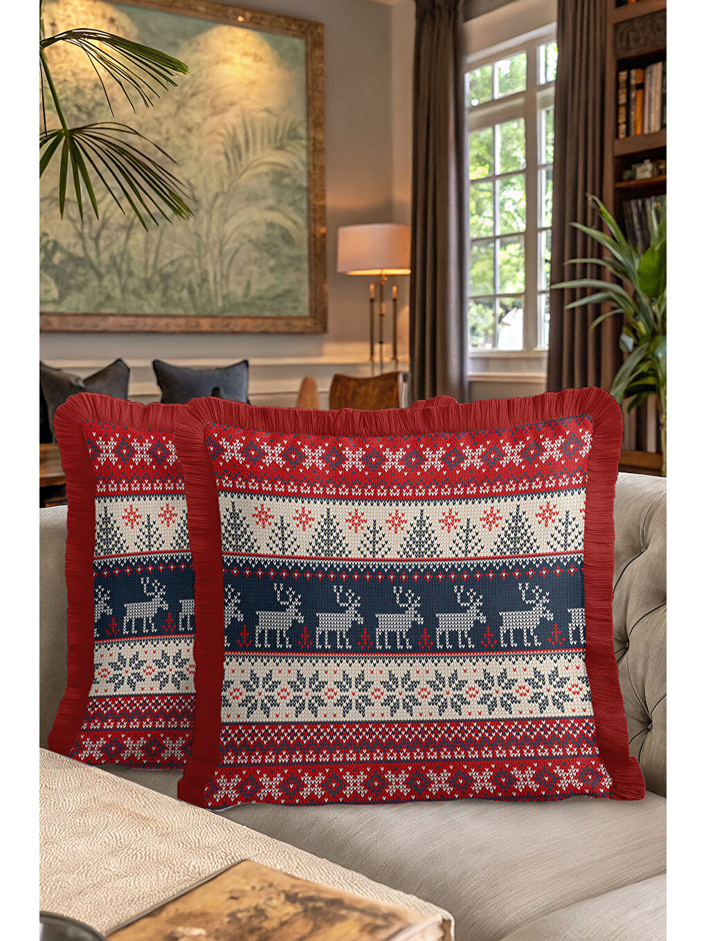 Karışık Nordik Geyikli Saçaklı Yastık Kılıfı - Kış Temalı Rustik Kırmızı Lacivert Püsküllü Kırlent Kılıfı-7