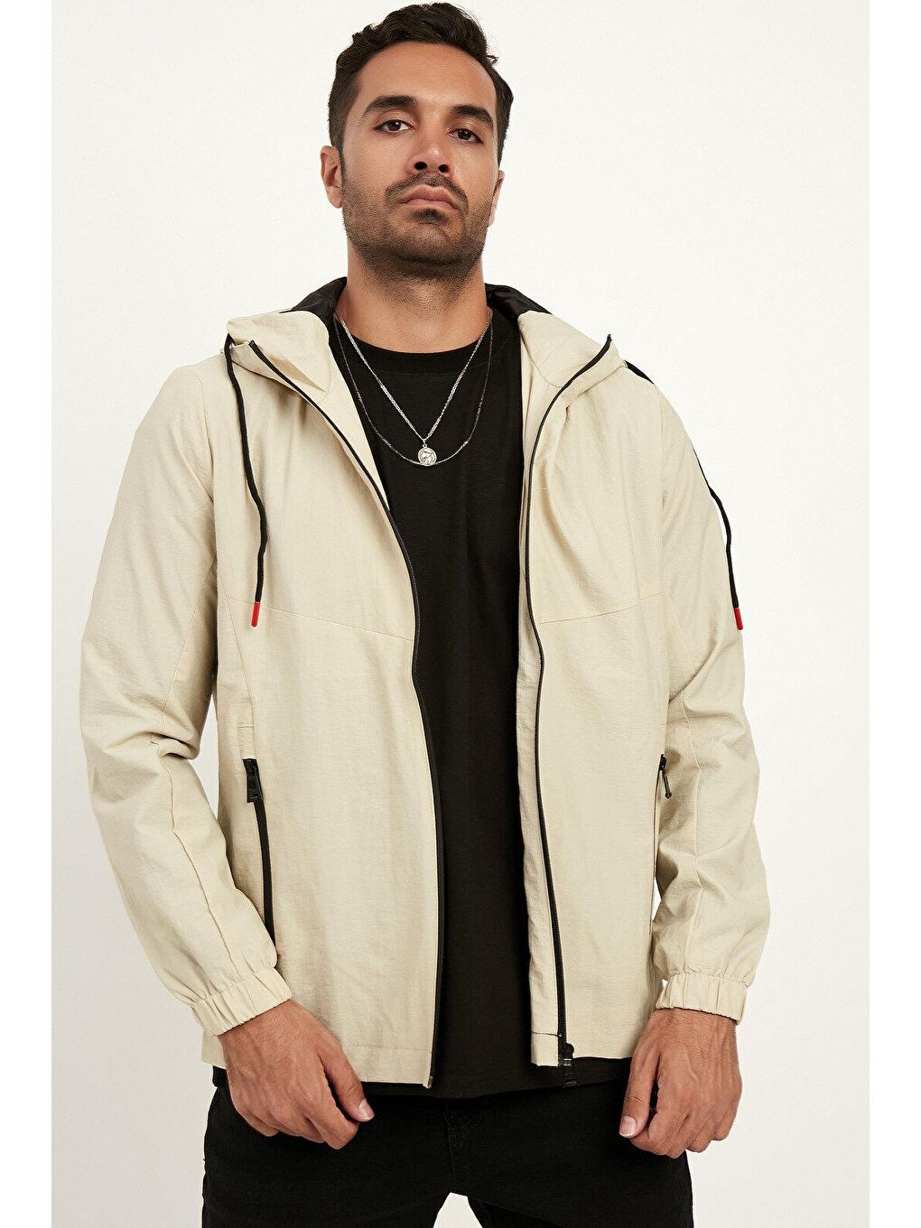 Bej Standart Kalıp Kapüşonlu İnce Erkek Yağmurluk-1