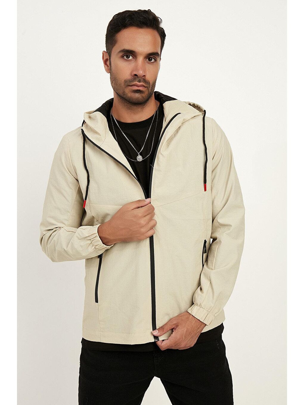 Bej Standart Kalıp Kapüşonlu İnce Erkek Yağmurluk-2