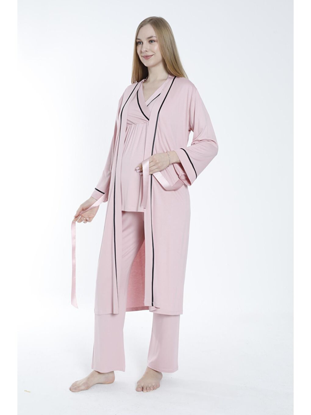 MİSS DÜNYA LİSSA Pembe Pudra Sabahlıklı Şerit Detaylı Hamile ve Lohusa Pijama Takımı