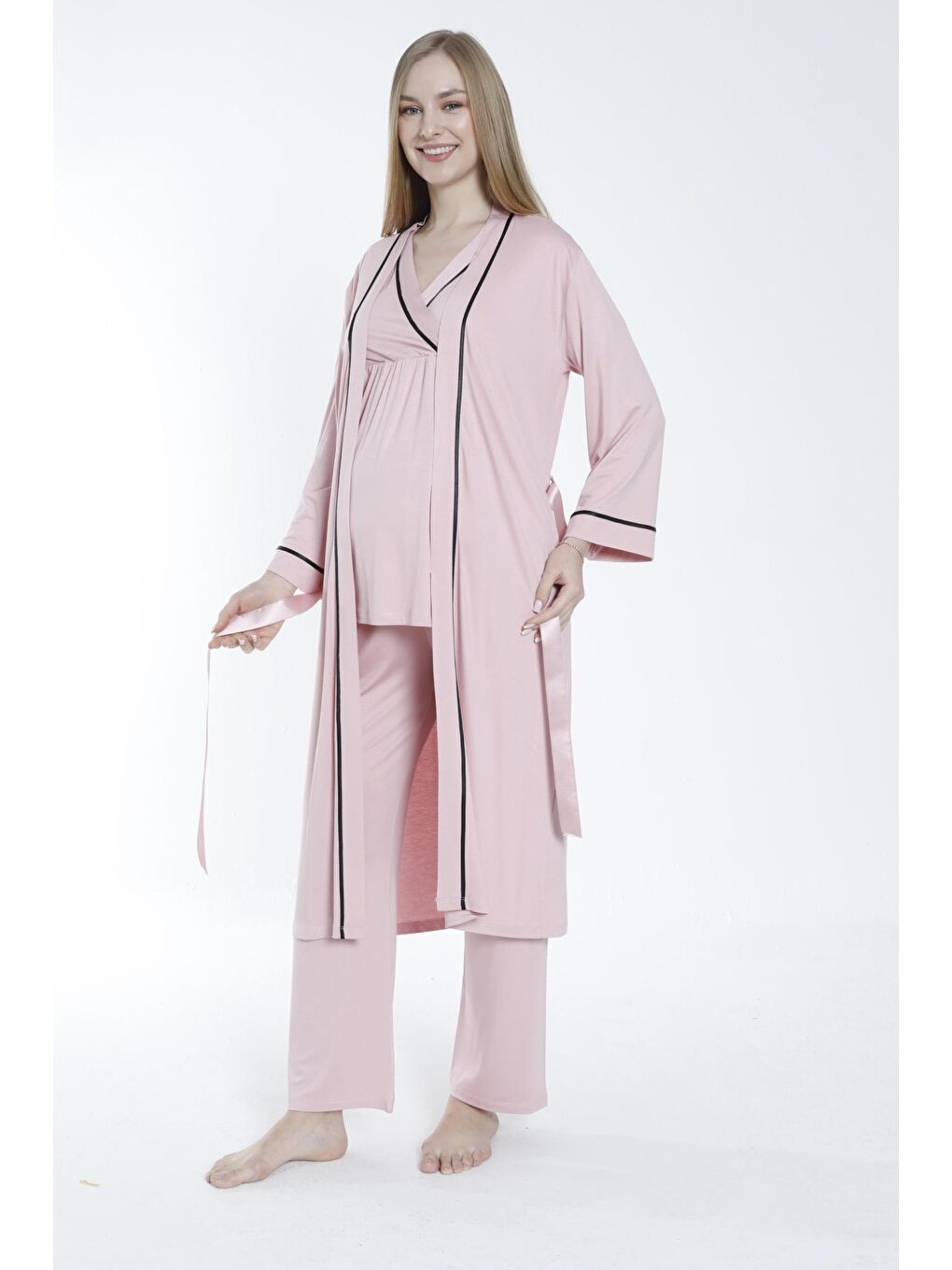 MİSS DÜNYA LİSSA Pembe Pudra Sabahlıklı Şerit Detaylı Hamile ve Lohusa Pijama Takımı - 1