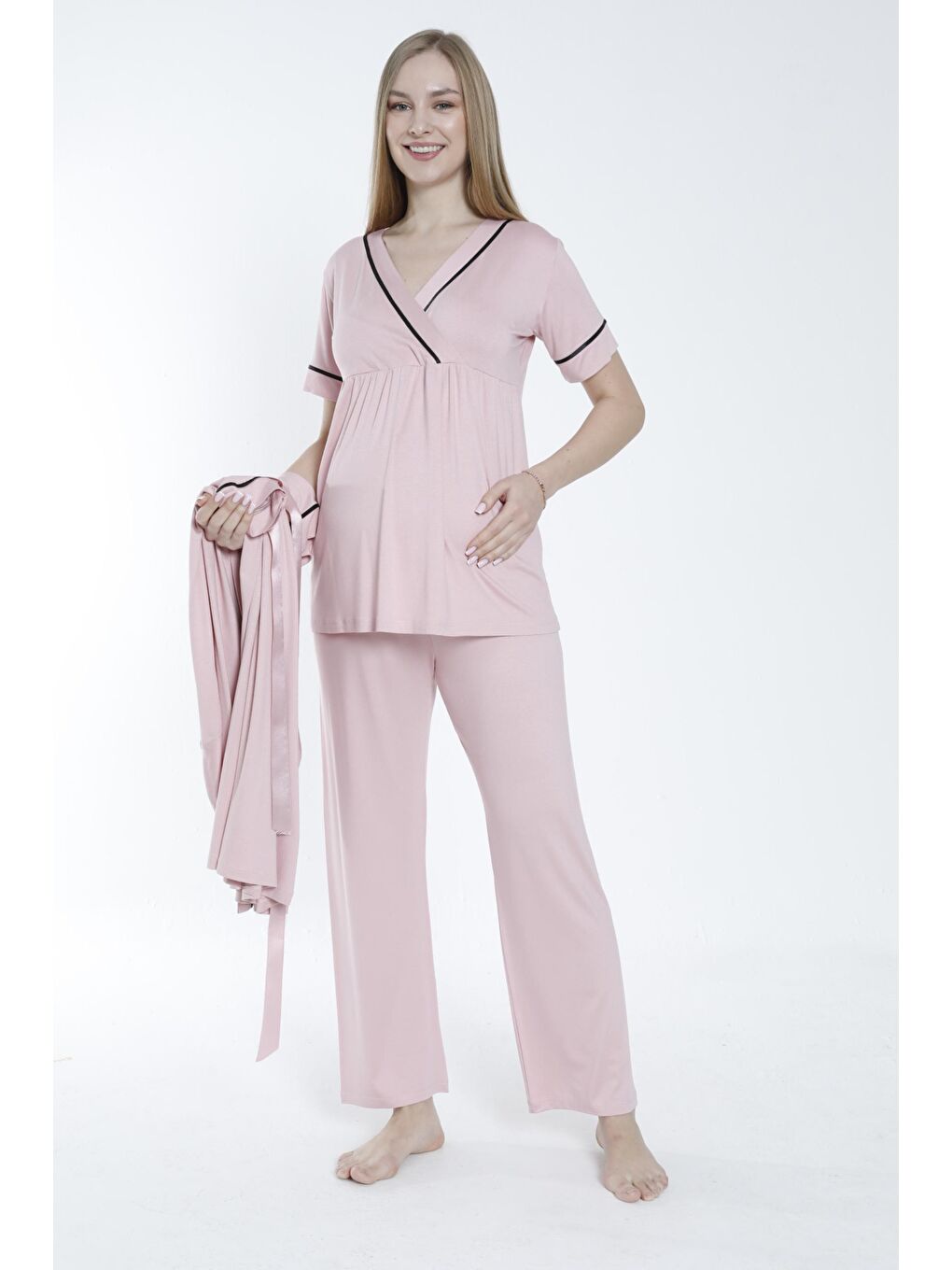 MİSS DÜNYA LİSSA Pembe Pudra Sabahlıklı Şerit Detaylı Hamile ve Lohusa Pijama Takımı - 3