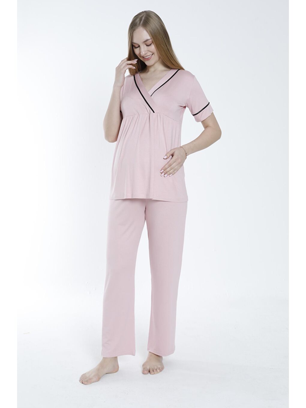 MİSS DÜNYA LİSSA Pembe Pudra Sabahlıklı Şerit Detaylı Hamile ve Lohusa Pijama Takımı - 4