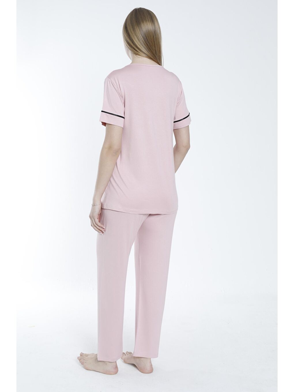 MİSS DÜNYA LİSSA Pembe Pudra Sabahlıklı Şerit Detaylı Hamile ve Lohusa Pijama Takımı - 5