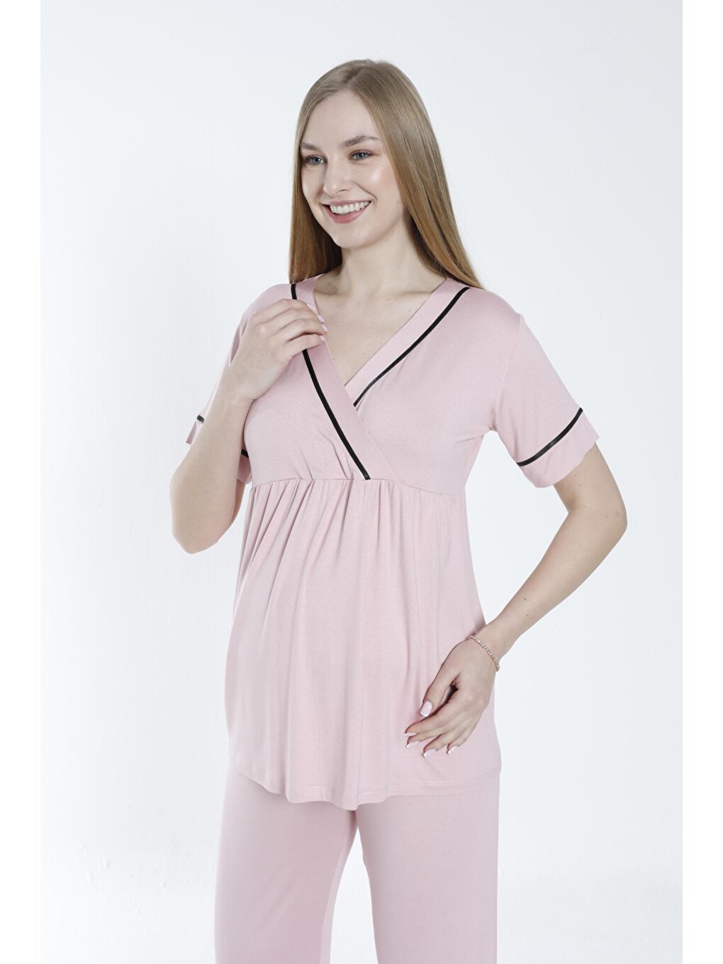 MİSS DÜNYA LİSSA Pembe Pudra Sabahlıklı Şerit Detaylı Hamile ve Lohusa Pijama Takımı - 6