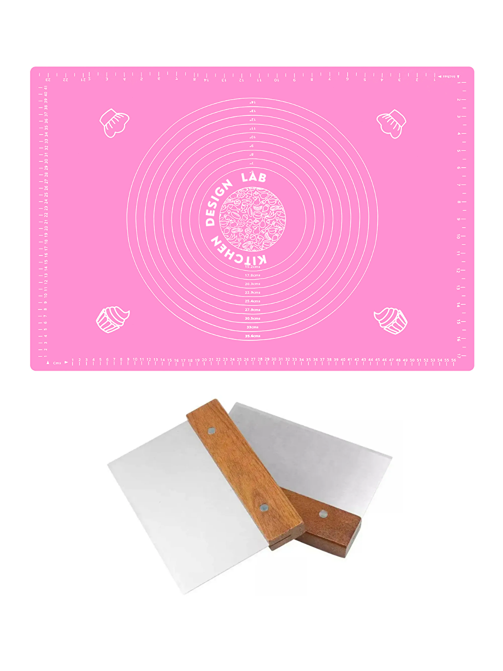 Pembe Ölçülü Hamur Açma Matı 45x65 cm ve Hamur Kesici Kazıyıcı Spatula