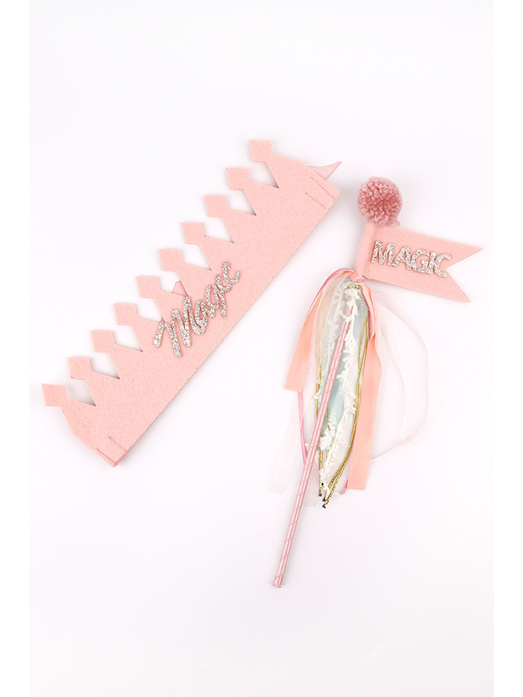 Pembe Pudra Simli Magic Yazılı Taç ve Asa Set