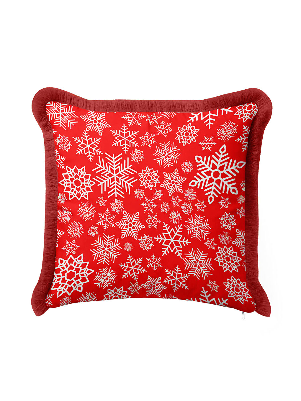 Karışık Yılbaşı Kar Tanesi Motifli Saçaklı Yastık Kılıfı - Kış Temalı Kırmızı Beyaz Püsküllü Kırlent Kılıfı-3