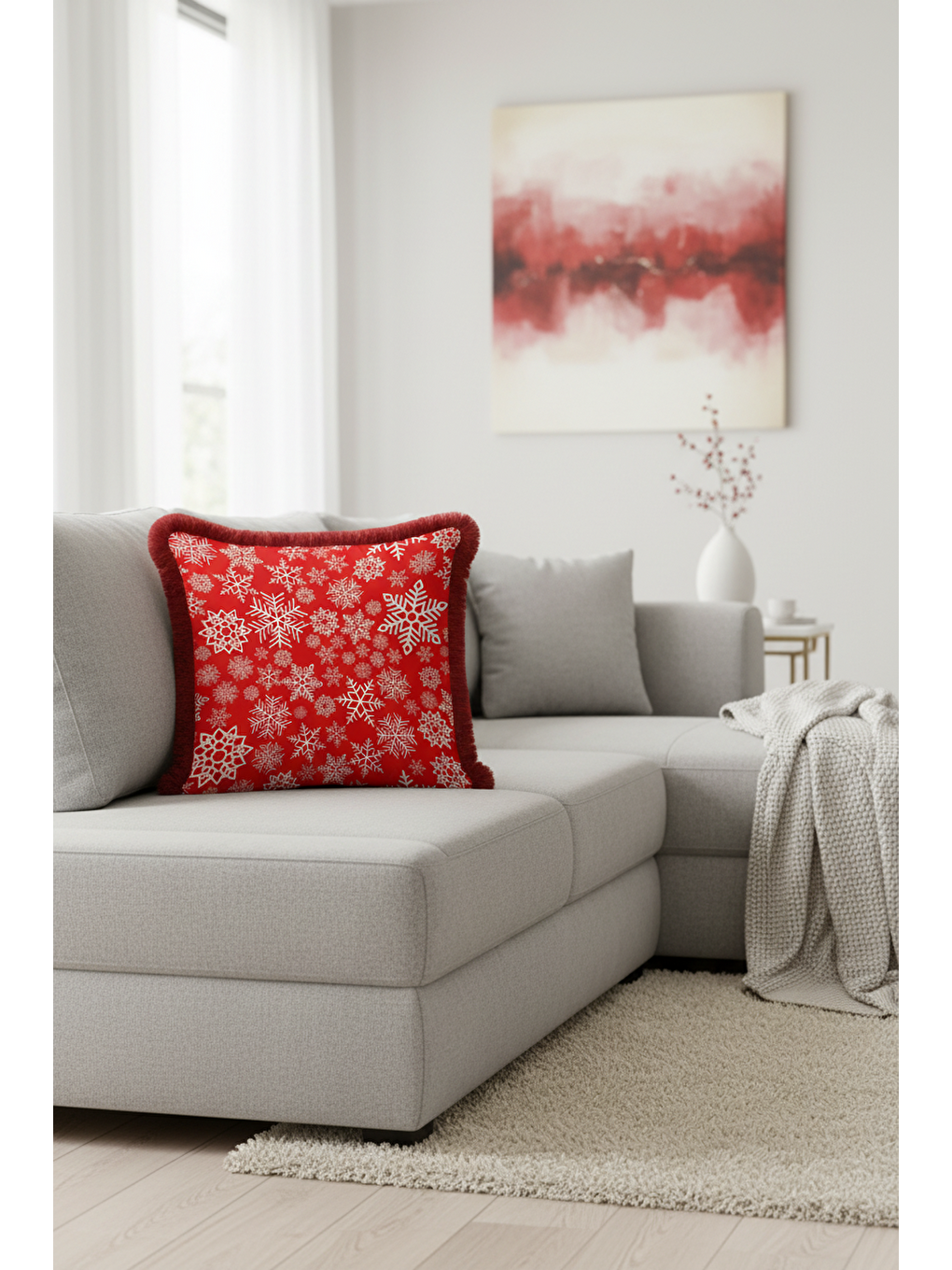 Karışık Yılbaşı Kar Tanesi Motifli Saçaklı Yastık Kılıfı - Kış Temalı Kırmızı Beyaz Püsküllü Kırlent Kılıfı-4