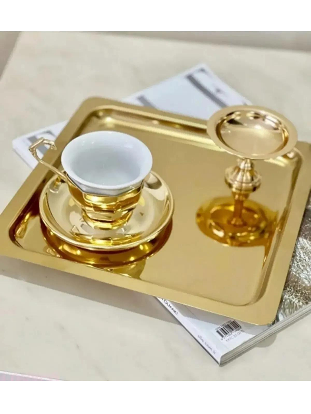 Sarı Paslanmaz Çelik Gold Renk Sunum Tepsisi 21 x21 cm 4 Adet-1