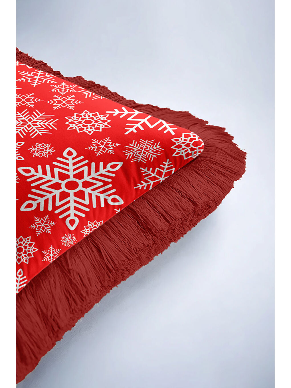 Karışık Yılbaşı Kar Tanesi Motifli Saçaklı Yastık Kılıfı - Kış Temalı Kırmızı Beyaz Püsküllü Kırlent Kılıfı-6