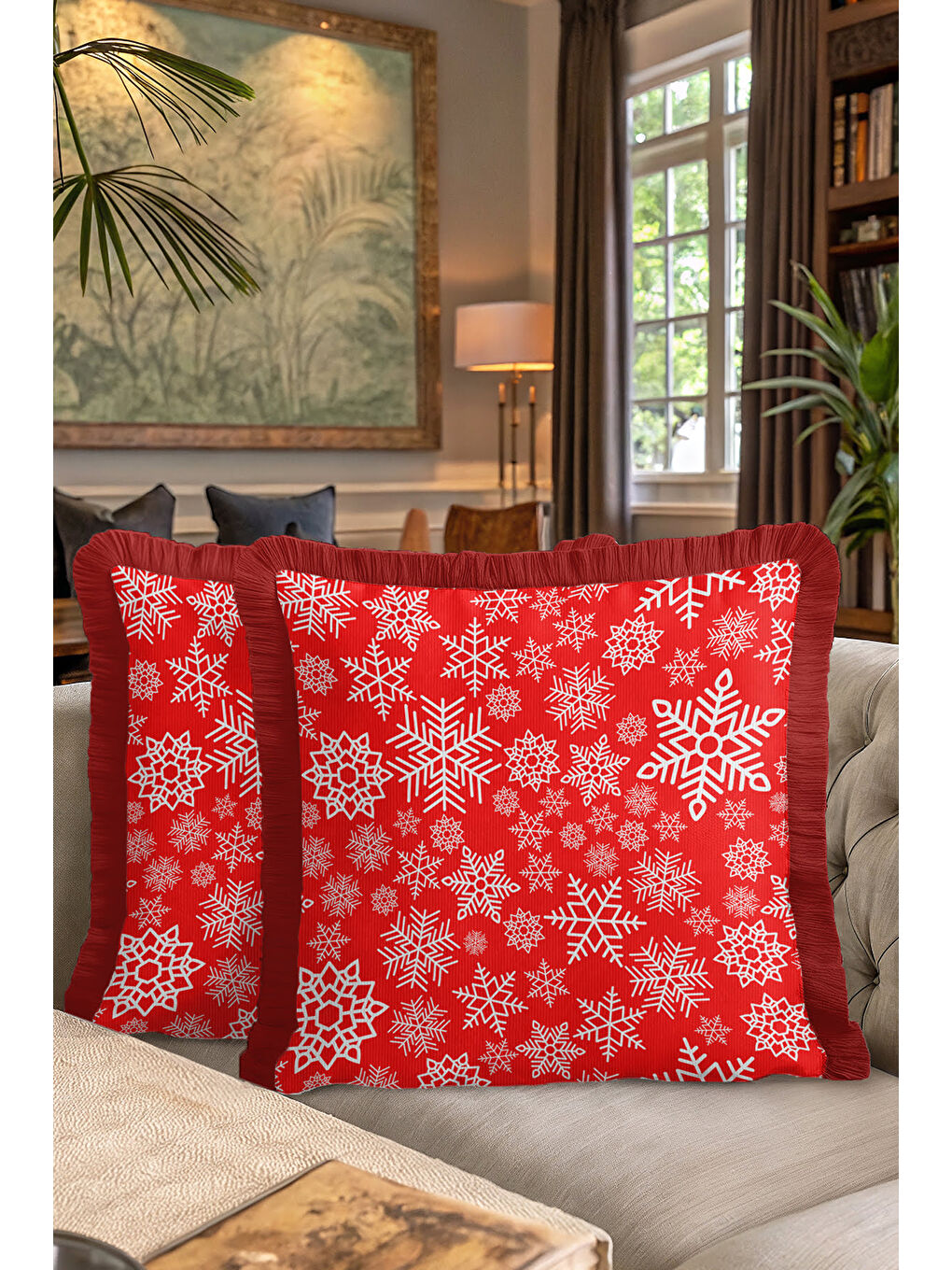Karışık Yılbaşı Kar Tanesi Motifli Saçaklı Yastık Kılıfı - Kış Temalı Kırmızı Beyaz Püsküllü Kırlent Kılıfı-7