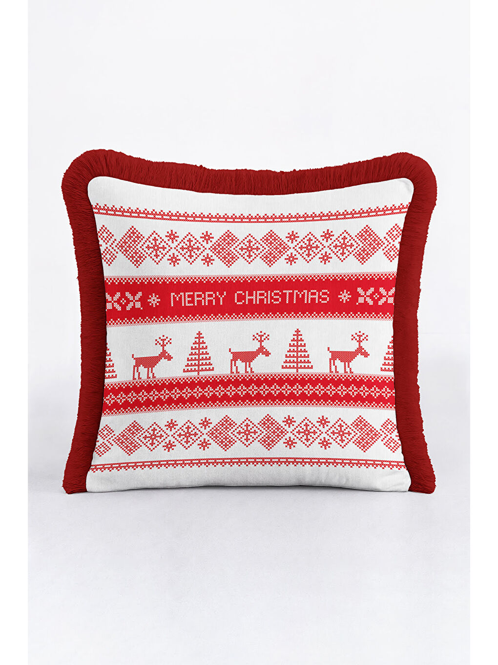 Karışık Nordik Geyik Motifli Saçaklı Yastık Kılıfı - Kırmızı Beyaz Temalı Rustik Püsküllü Kırlent Kılıfı