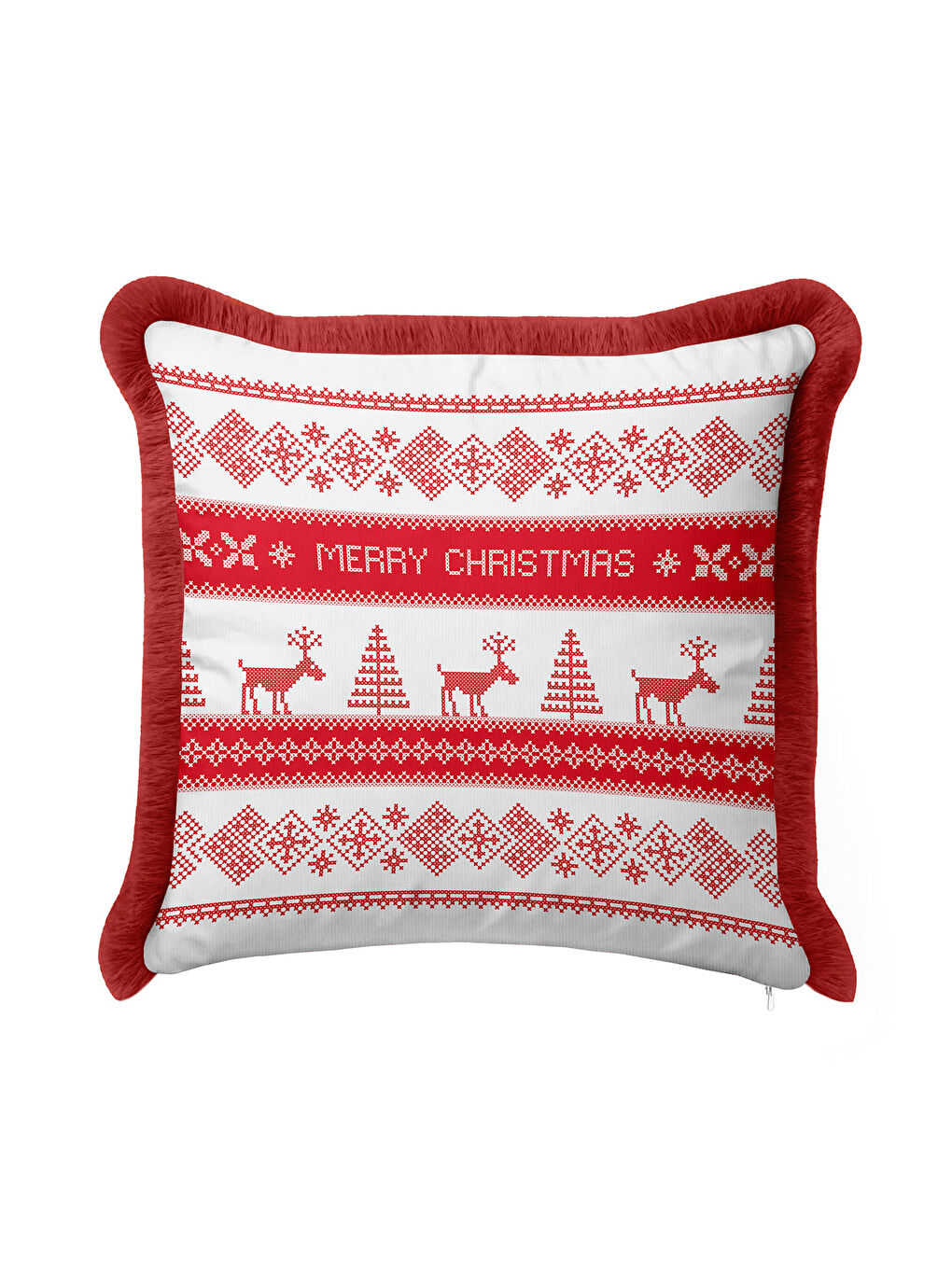 Karışık Nordik Geyik Motifli Saçaklı Yastık Kılıfı - Kırmızı Beyaz Temalı Rustik Püsküllü Kırlent Kılıfı-2