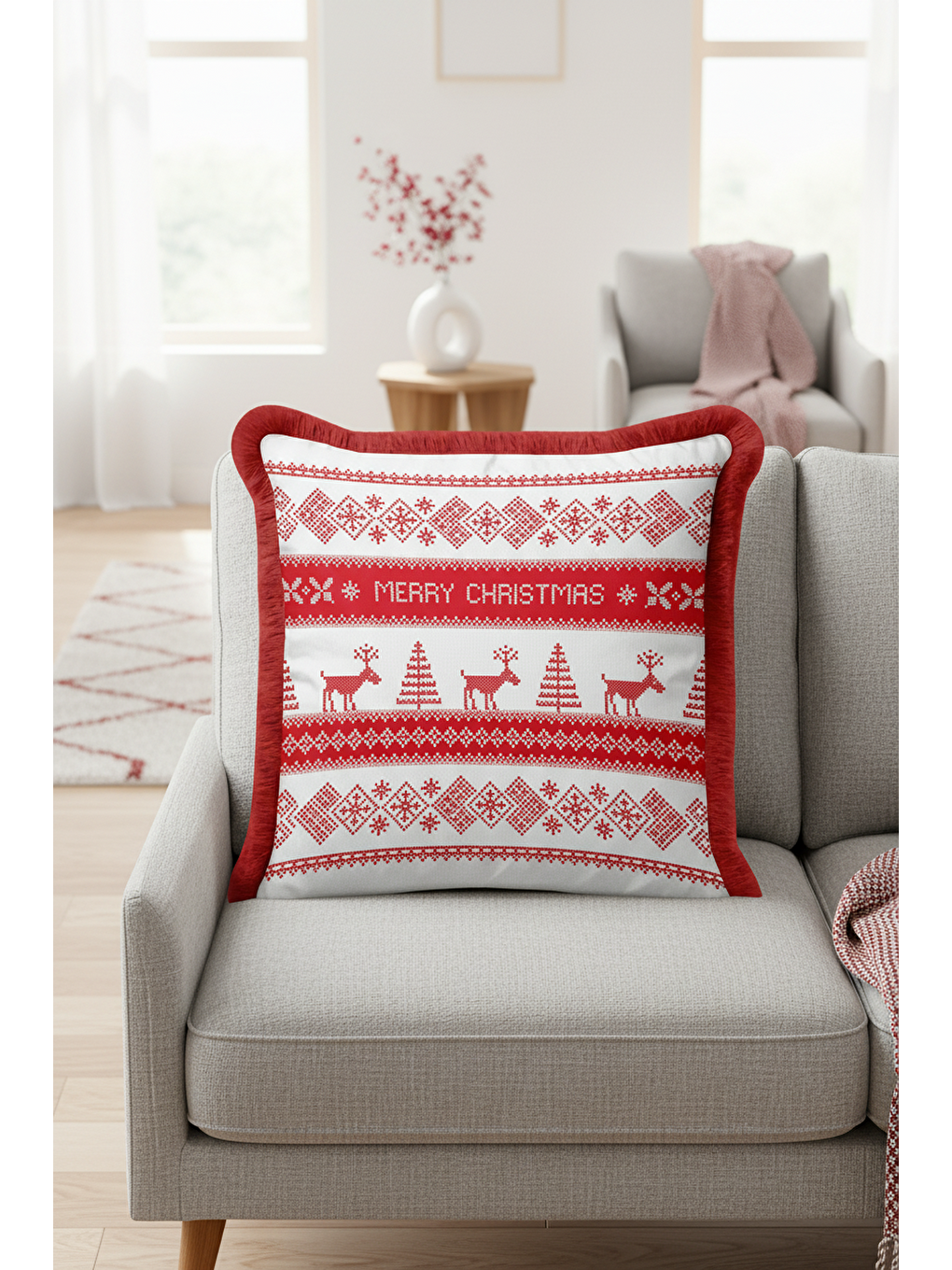 Karışık Nordik Geyik Motifli Saçaklı Yastık Kılıfı - Kırmızı Beyaz Temalı Rustik Püsküllü Kırlent Kılıfı-3