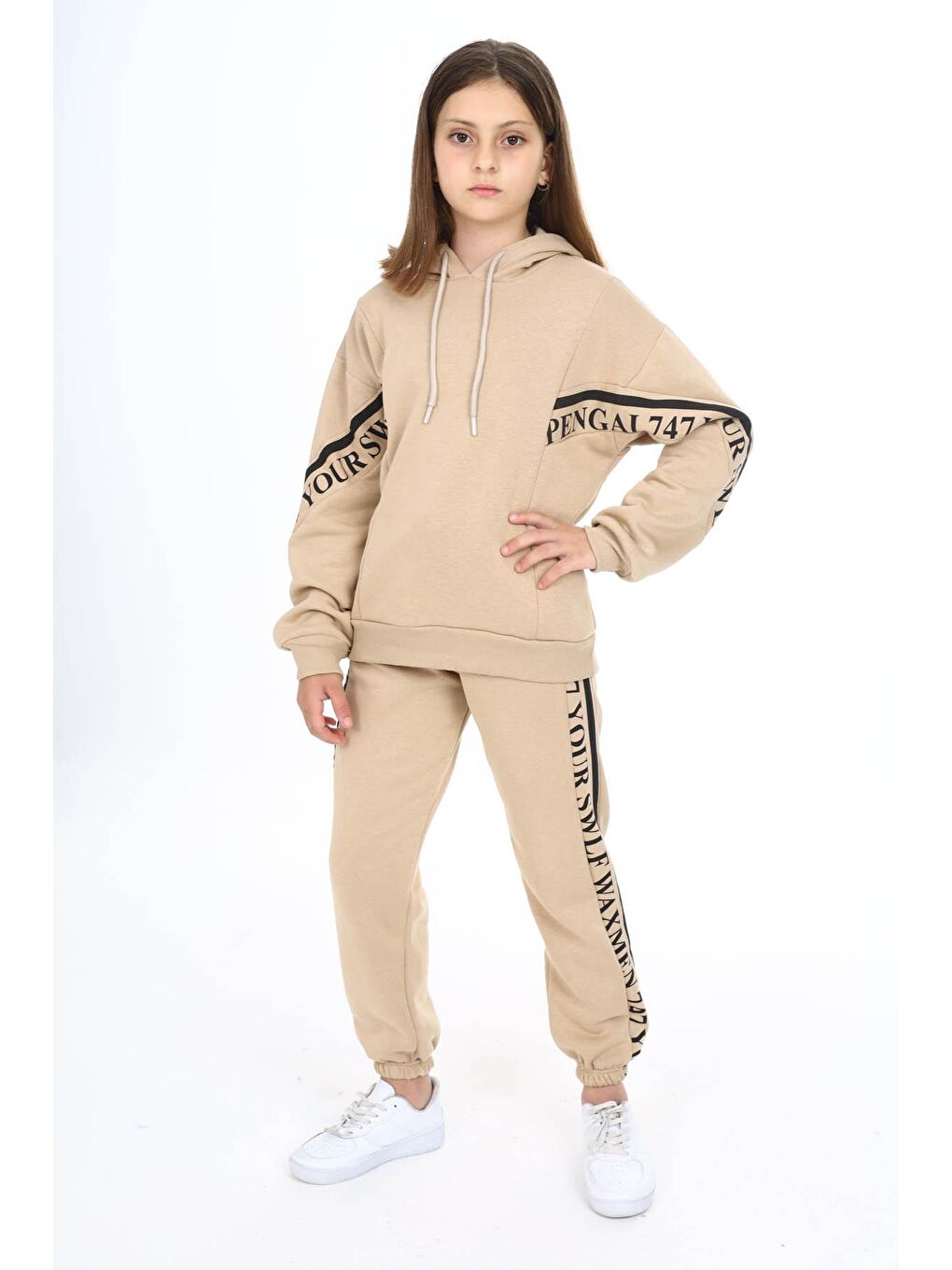 Ekru Krem Yazı Şeritli Polarlı Kız Çocuk Kapşonlu Eşofman Takımı 16440