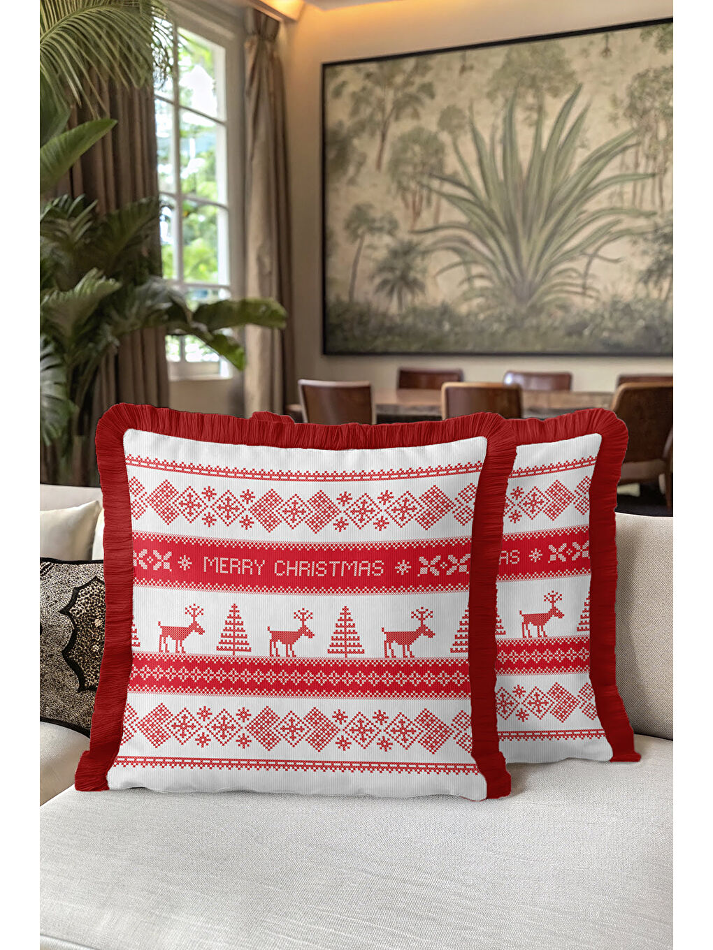 Karışık Nordik Geyik Motifli Saçaklı Yastık Kılıfı - Kırmızı Beyaz Temalı Rustik Püsküllü Kırlent Kılıfı-5