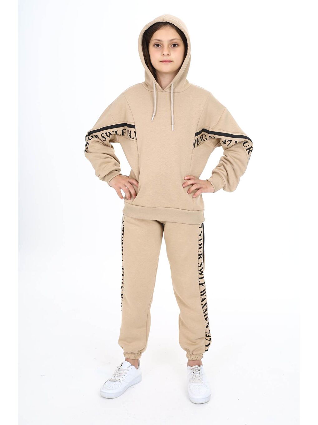 Ekru Krem Yazı Şeritli Polarlı Kız Çocuk Kapşonlu Eşofman Takımı 16440-1