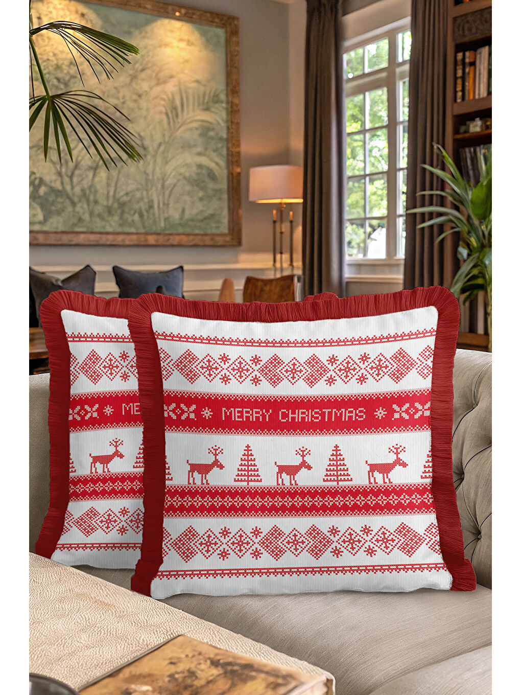 Karışık Nordik Geyik Motifli Saçaklı Yastık Kılıfı - Kırmızı Beyaz Temalı Rustik Püsküllü Kırlent Kılıfı-7