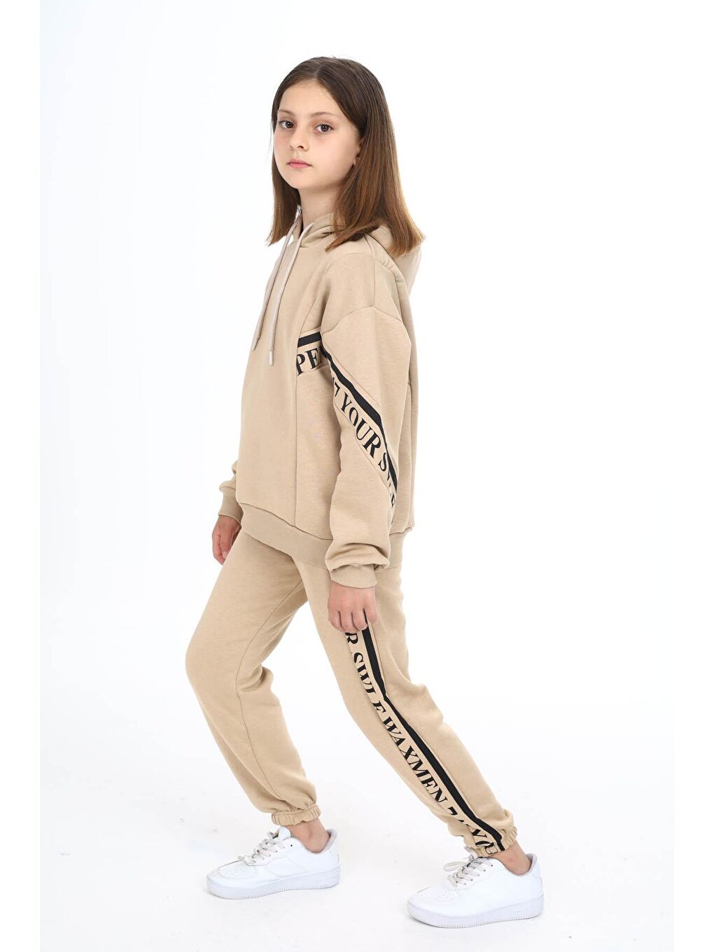 Ekru Krem Yazı Şeritli Polarlı Kız Çocuk Kapşonlu Eşofman Takımı 16440-2