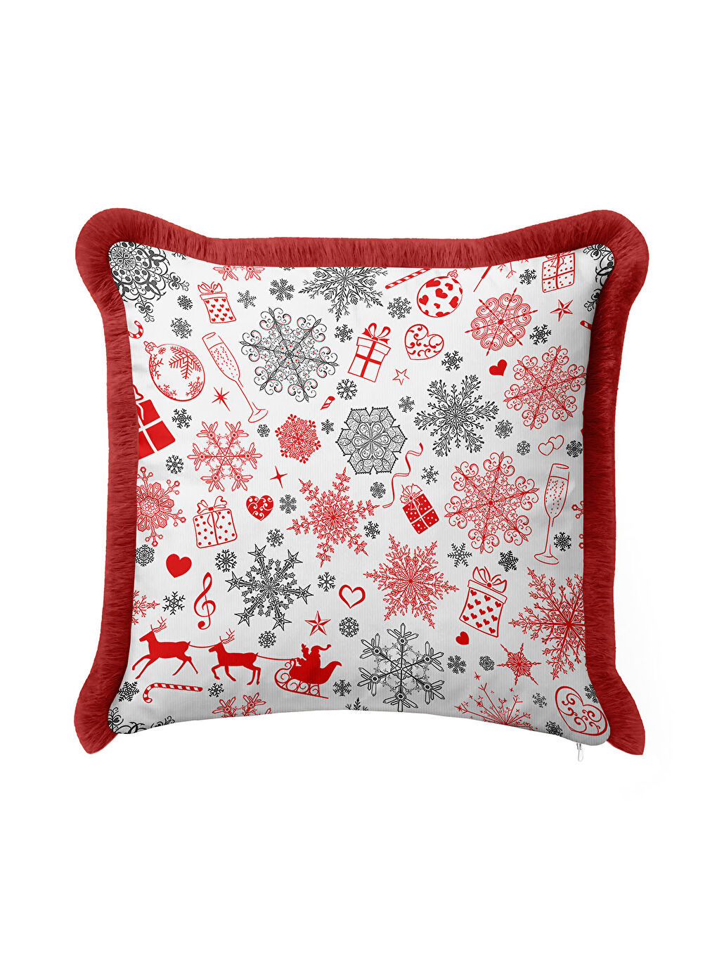 Karışık Lüks Kar Tanesi Saçaklı Yastık Kılıfı - Yılbaşı Temalı Kırmızı Beyaz Nordic Püsküllü Kırlent Kılıfı-1