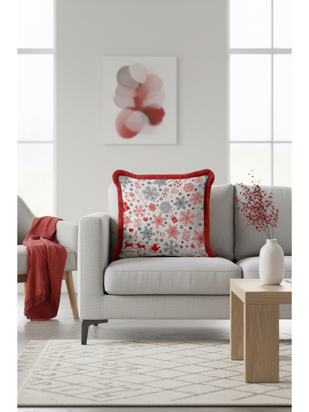 Karışık Lüks Kar Tanesi Saçaklı Yastık Kılıfı - Yılbaşı Temalı Kırmızı Beyaz Nordic Püsküllü Kırlent Kılıfı-2