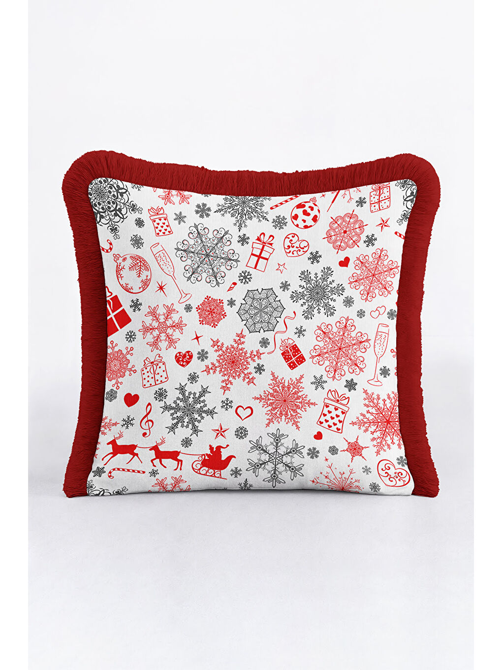 Karışık Lüks Kar Tanesi Saçaklı Yastık Kılıfı - Yılbaşı Temalı Kırmızı Beyaz Nordic Püsküllü Kırlent Kılıfı-3
