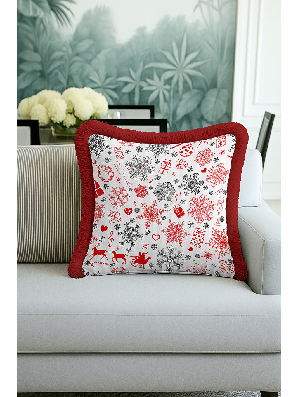 Karışık Lüks Kar Tanesi Saçaklı Yastık Kılıfı - Yılbaşı Temalı Kırmızı Beyaz Nordic Püsküllü Kırlent Kılıfı-4