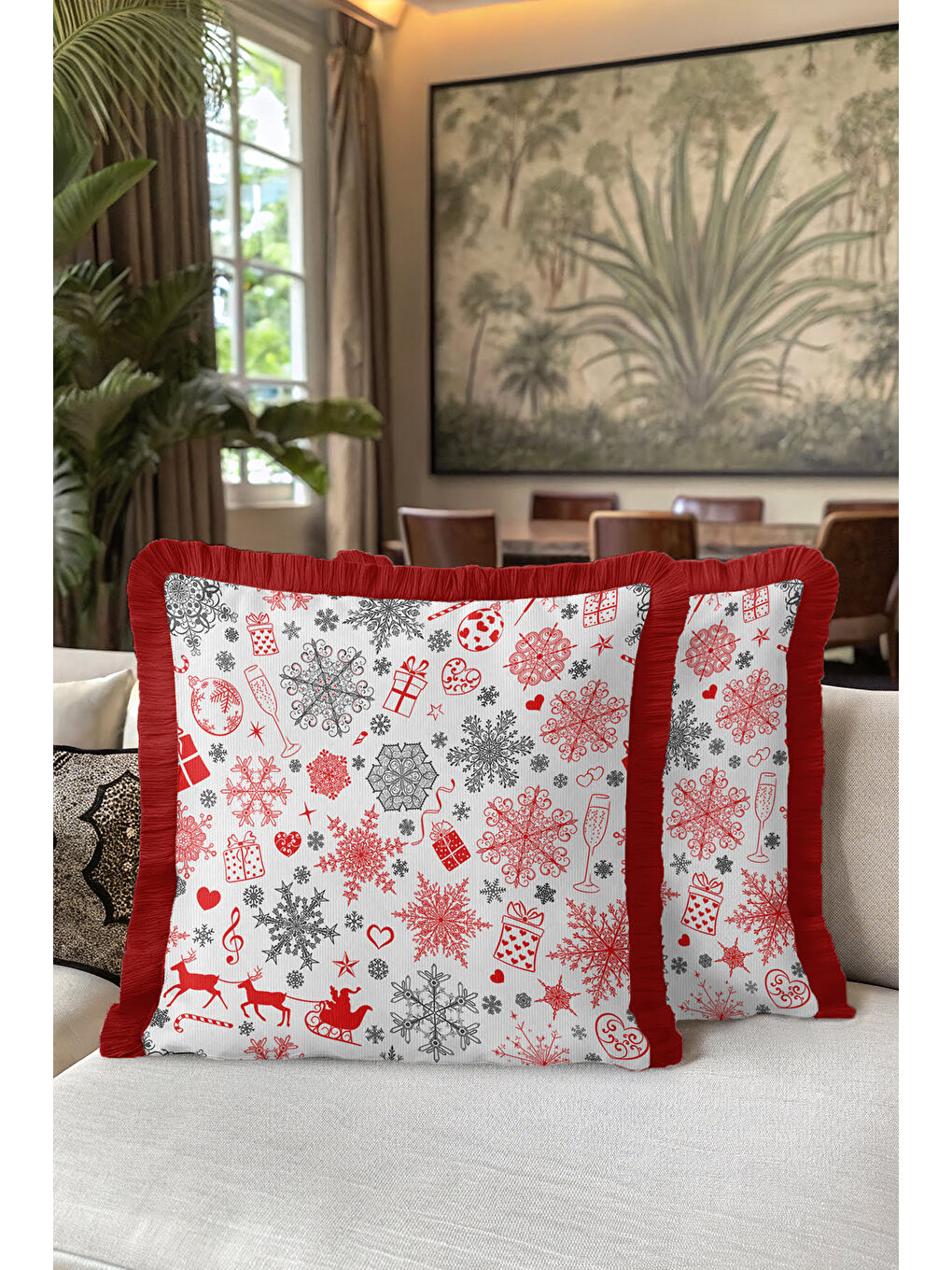 Karışık Lüks Kar Tanesi Saçaklı Yastık Kılıfı - Yılbaşı Temalı Kırmızı Beyaz Nordic Püsküllü Kırlent Kılıfı-5