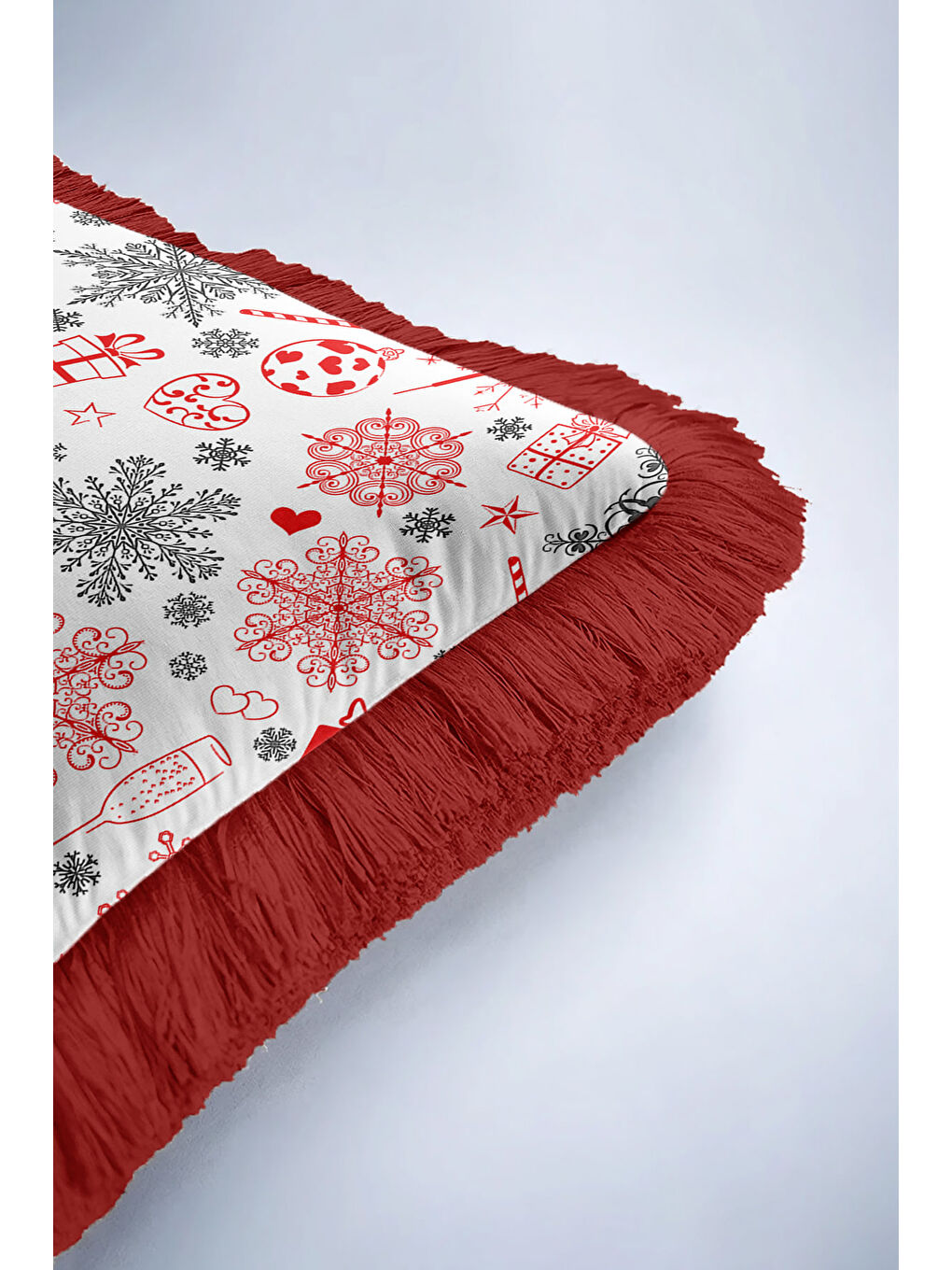 Karışık Lüks Kar Tanesi Saçaklı Yastık Kılıfı - Yılbaşı Temalı Kırmızı Beyaz Nordic Püsküllü Kırlent Kılıfı-6