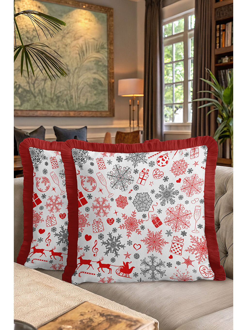 Karışık Lüks Kar Tanesi Saçaklı Yastık Kılıfı - Yılbaşı Temalı Kırmızı Beyaz Nordic Püsküllü Kırlent Kılıfı-7