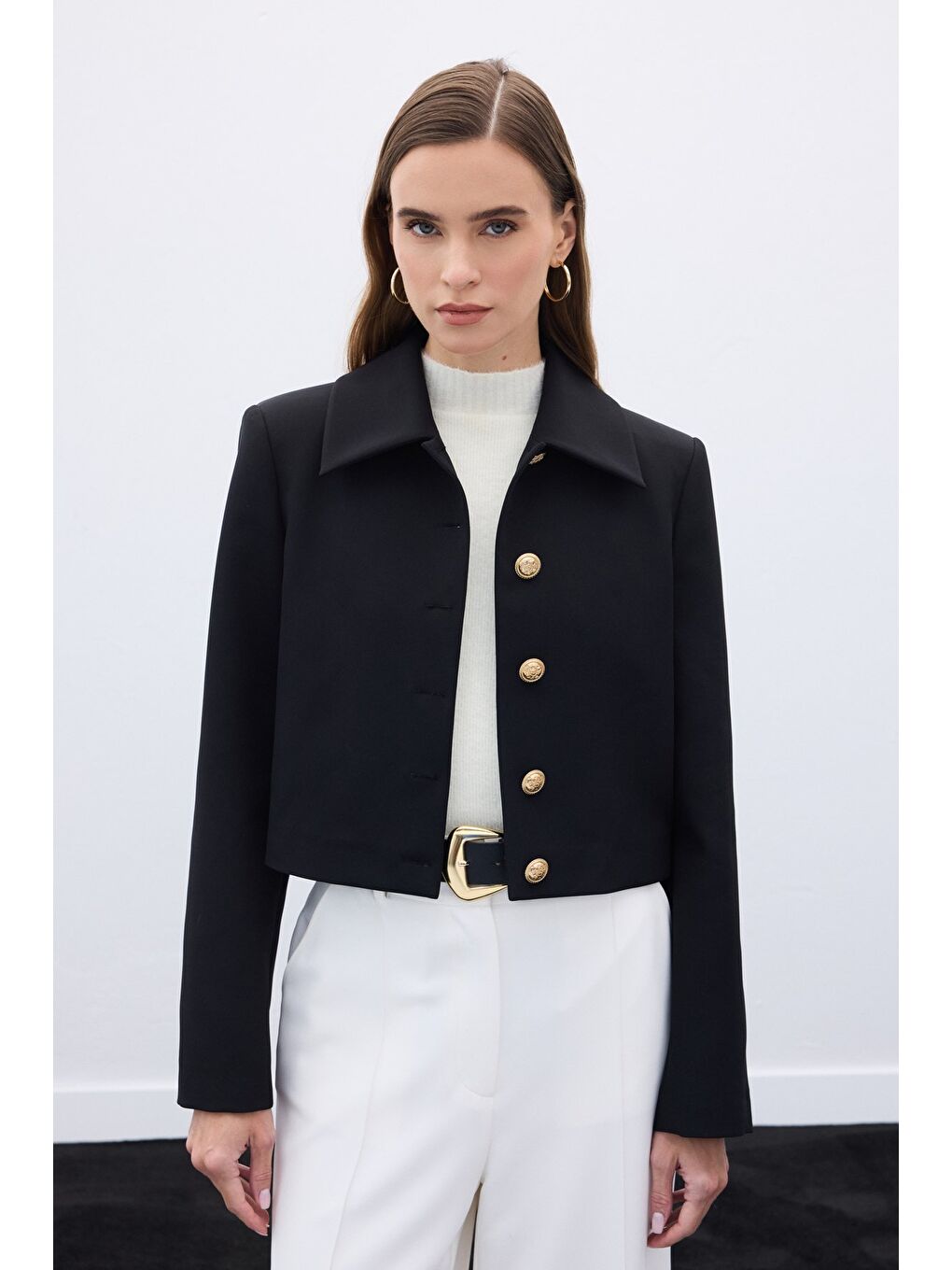 Düğmeli Kısa Ceket - Siyah-1