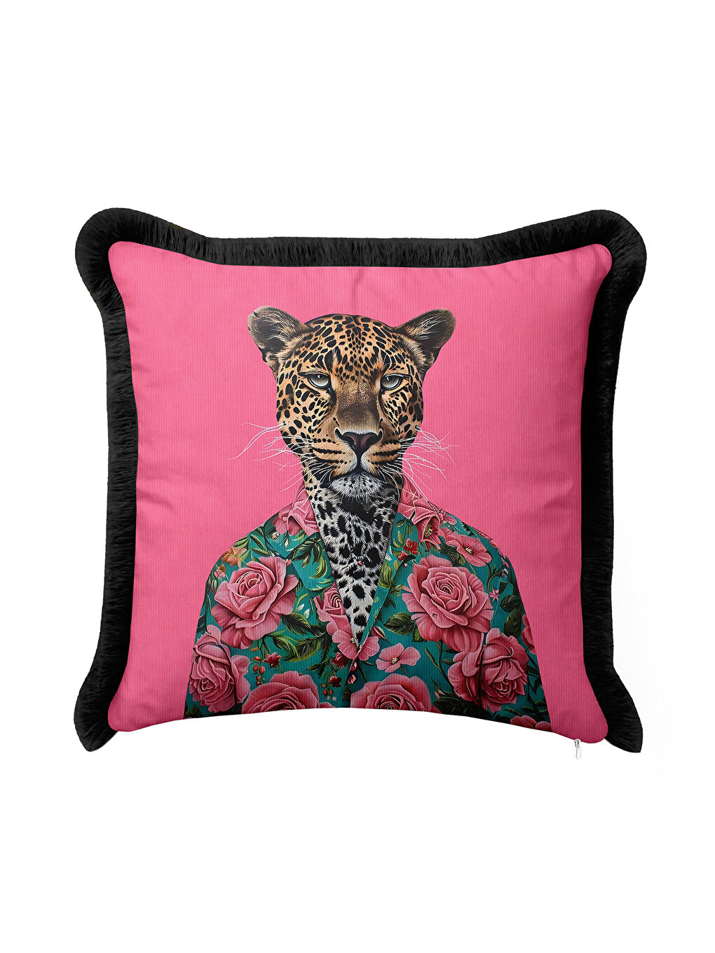 Karışık Lüks Çiçekli Leopar Saçaklı Yastık Kılıfı - Vintage Bohem Pembe Yeşil Püsküllü Kırlent Kılıfı