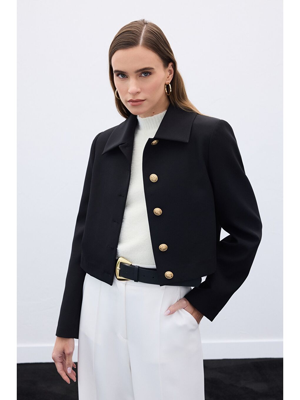 Düğmeli Kısa Ceket - Siyah-4