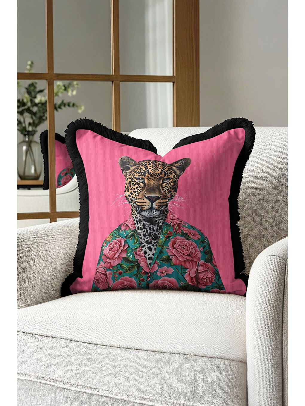 Karışık Lüks Çiçekli Leopar Saçaklı Yastık Kılıfı - Vintage Bohem Pembe Yeşil Püsküllü Kırlent Kılıfı-1
