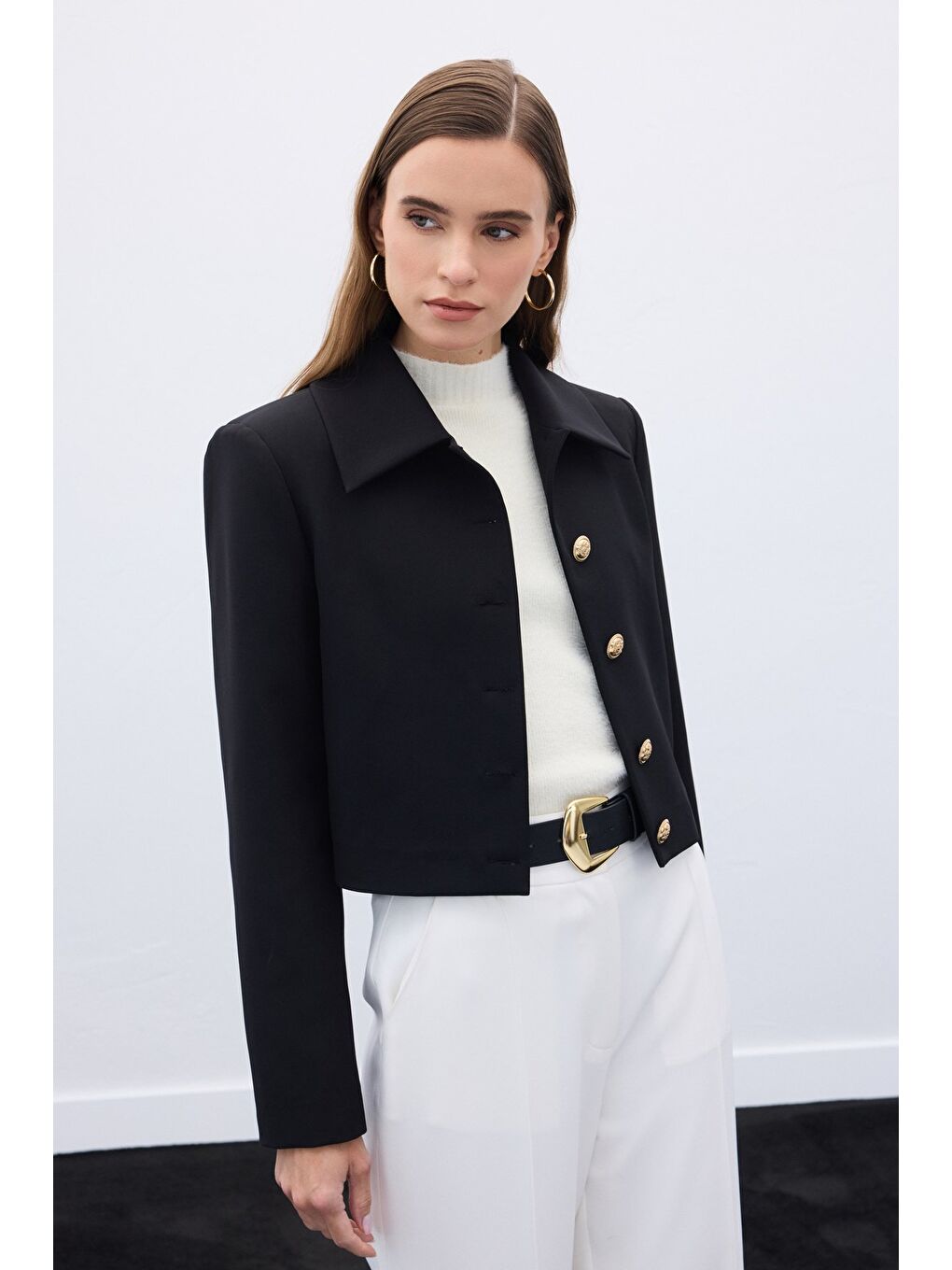 Düğmeli Kısa Ceket - Siyah-6