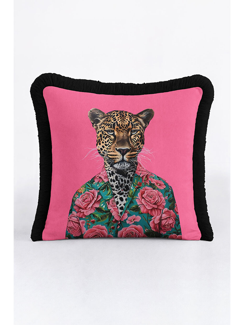 Karışık Lüks Çiçekli Leopar Saçaklı Yastık Kılıfı - Vintage Bohem Pembe Yeşil Püsküllü Kırlent Kılıfı-2