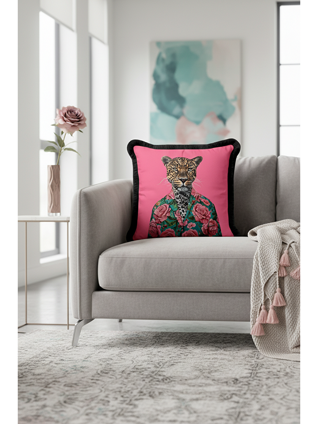 Karışık Lüks Çiçekli Leopar Saçaklı Yastık Kılıfı - Vintage Bohem Pembe Yeşil Püsküllü Kırlent Kılıfı-3